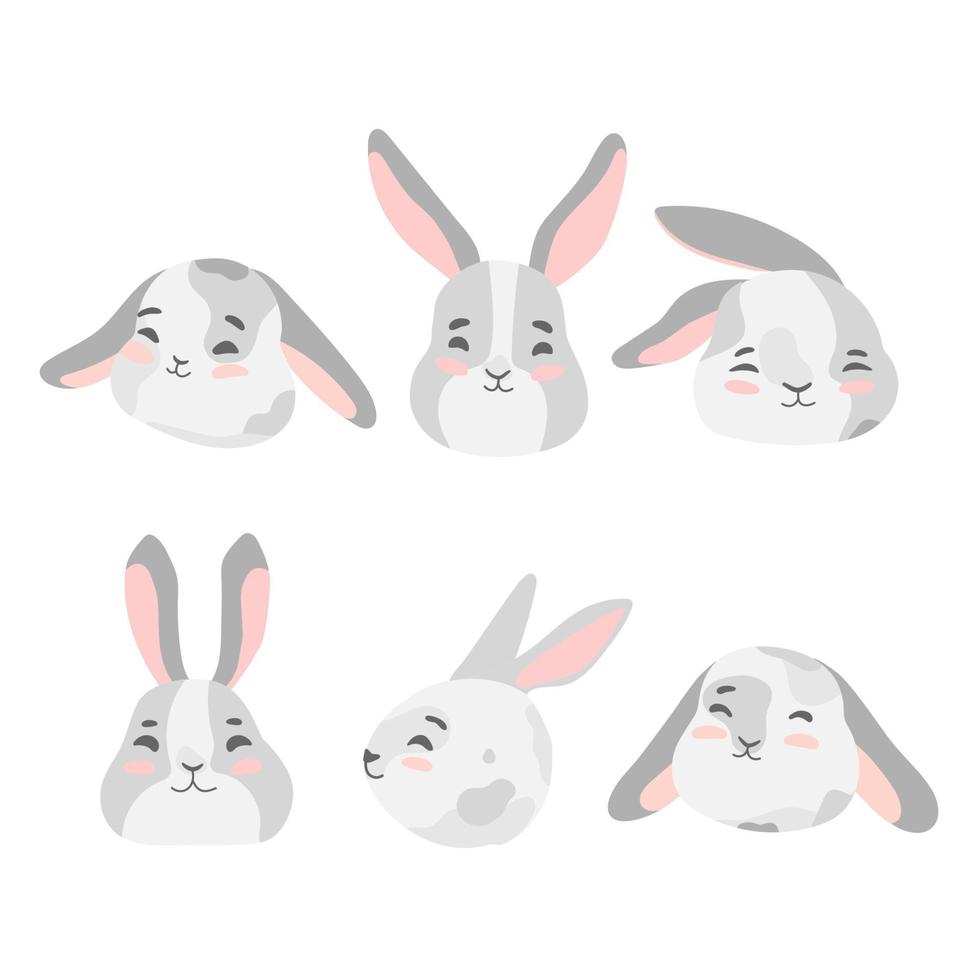 paquete de caras divertidas de conejito aislado sobre fondo blanco. conjunto de lindos conejos o liebres de pascua, animales del bosque. ilustración de vector colorido de dibujos animados plana