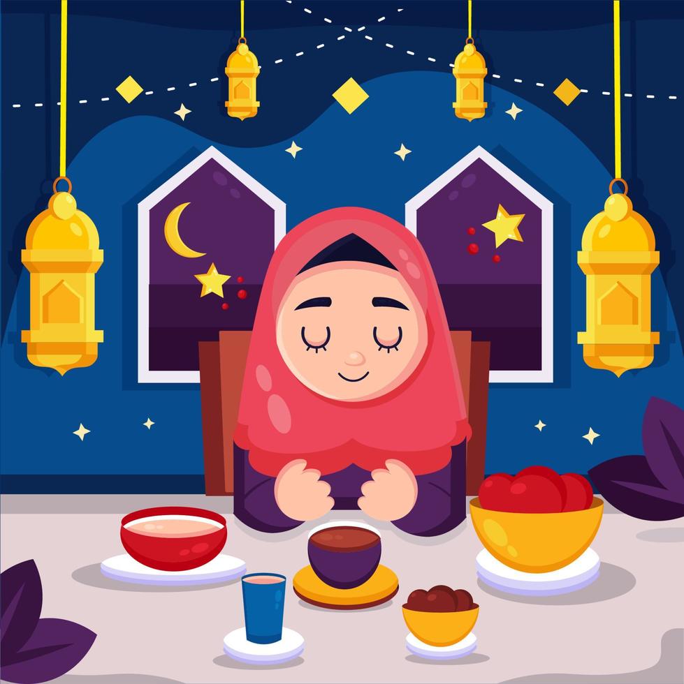 una niña rezando durante el iftar ramadán vector