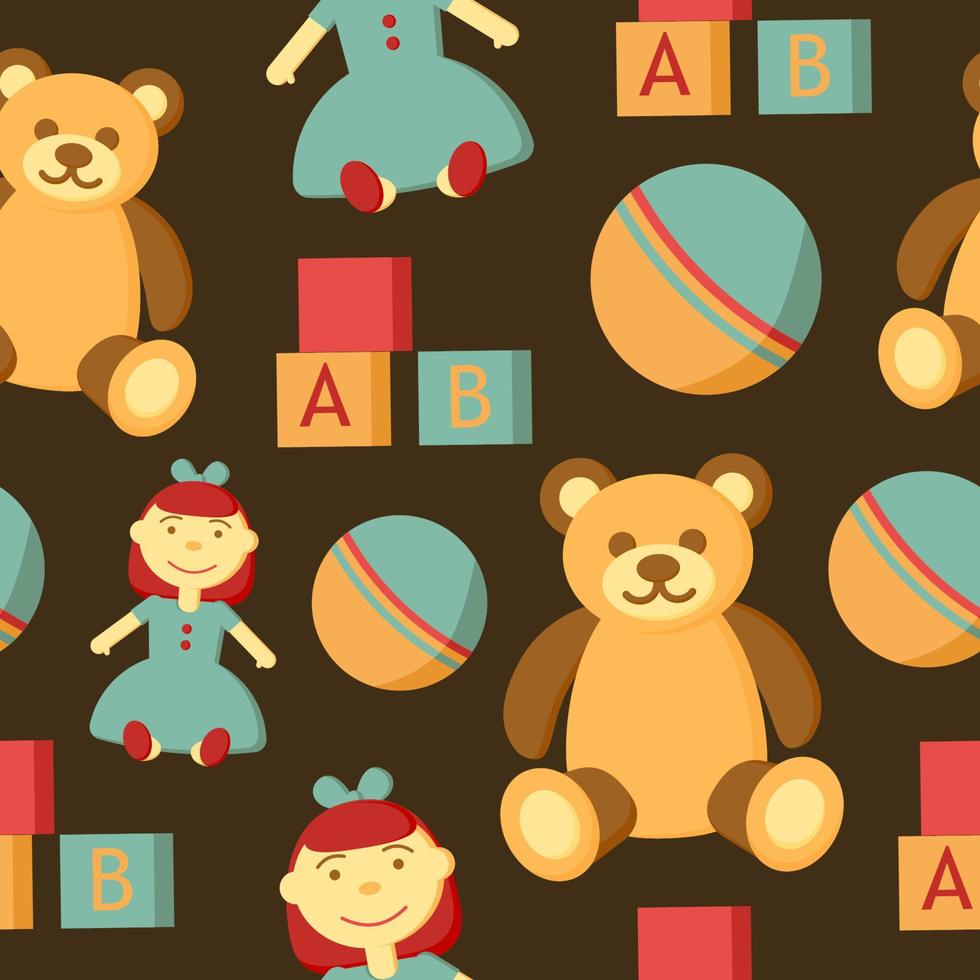 Kids toy vector seamless pattern. Horse, pyramid, drum, ball, doll, cubes, bear, rocket, car background. Childrens colorful texture  for wrapping, wallpaper, textile. Green, red, orange, brown colors.