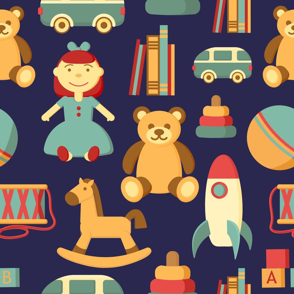 Kids toy vector seamless pattern. Horse, pyramid, drum, ball, doll, cubes, bear, rocket, car background. Childrens colorful texture  for wrapping, wallpaper, textile. Green, red, orange, brown colors.