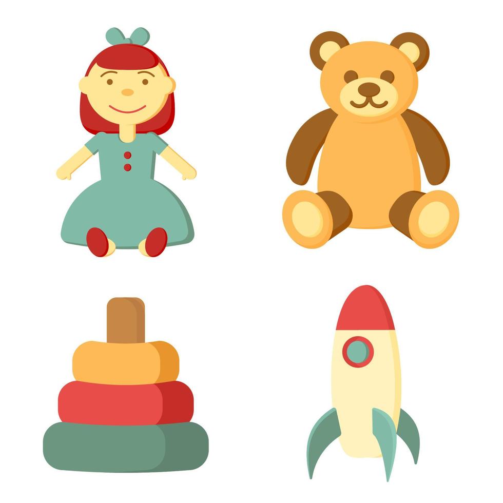 Kids toys icon set. Pyramid, doll, bear, rocket, children's toys flat vector illustration for you design.