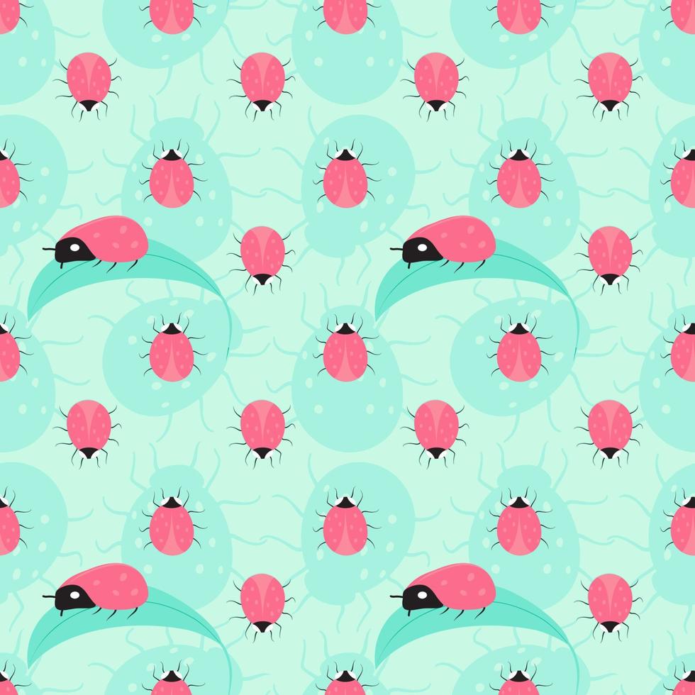 Seamless summer pattern with pink ladybug on green leaf. Silhuette of insect. Vector background. Wallpaper, fabric print, textile, wrapping, digital paper