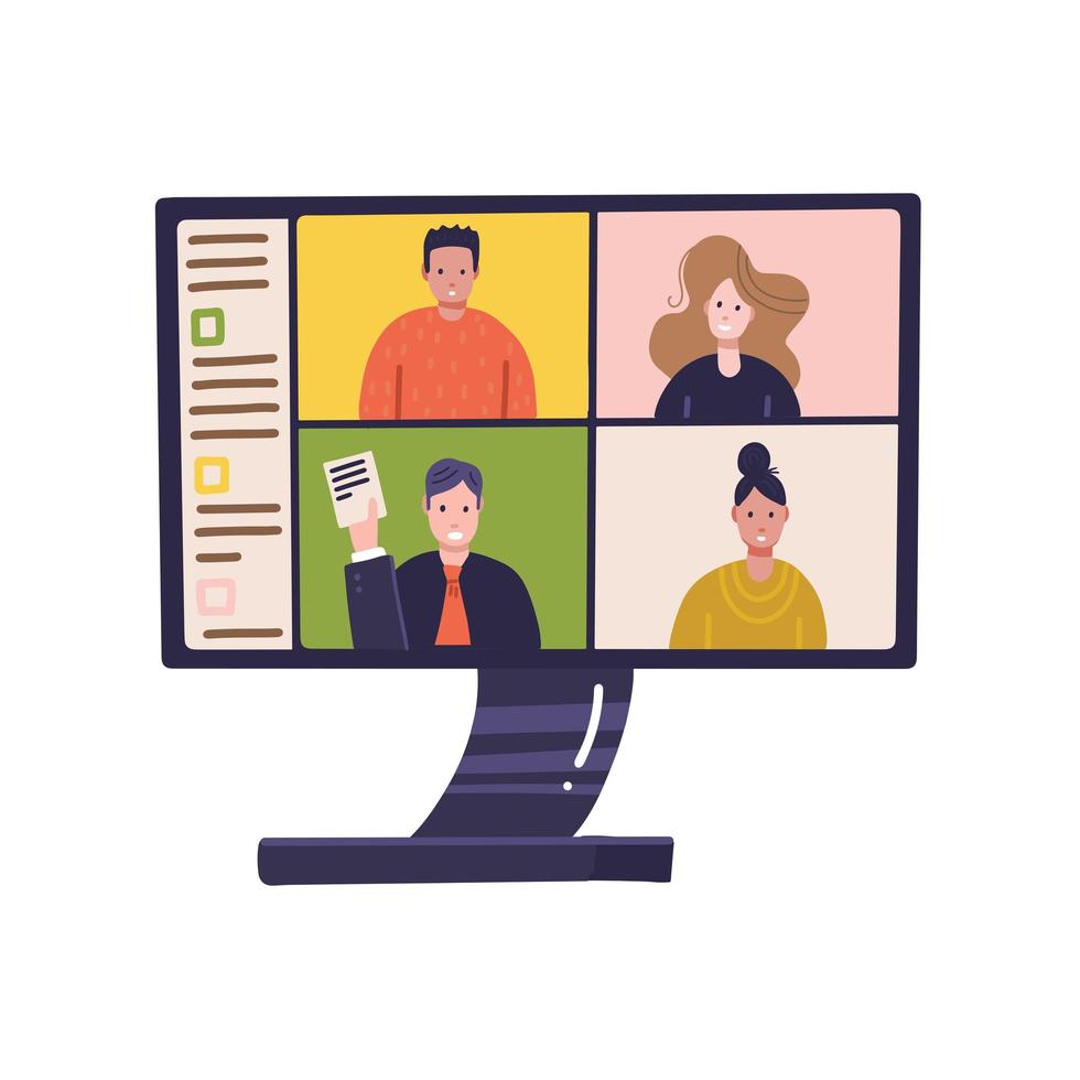 PC screen with online distant conference on monitor with people participating in business meeting from home. Work in home, self isolation, quarantine corona virus, freelance concept. Flat vector