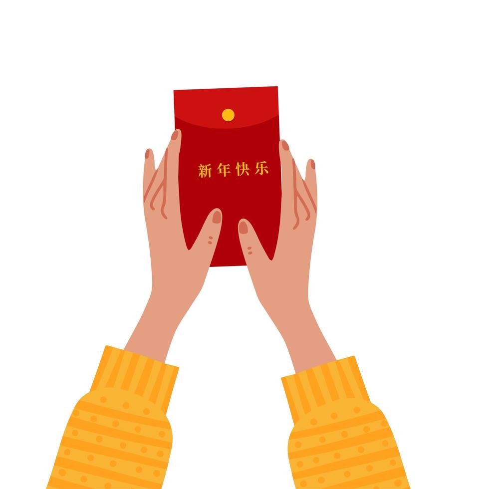 Two Hands holding Chinese red money packet Ang Pau with The chinese hieroglyphs means Happy new year. Isolated flat design vector illustration.