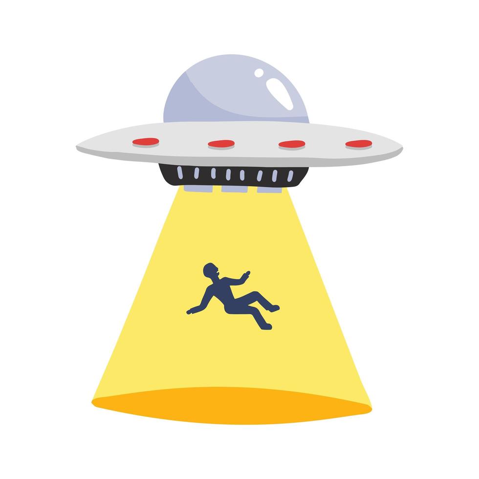 UFO abducts human. Spaceship UFO ray of light with man silhouette . Vector illustration in flat style