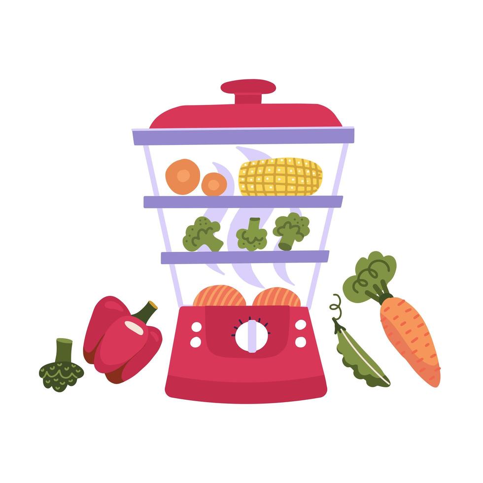 Electric food steamer full of vegetables and fish on white background. Double boiler, flat vector design. Kitchen steamcooker.