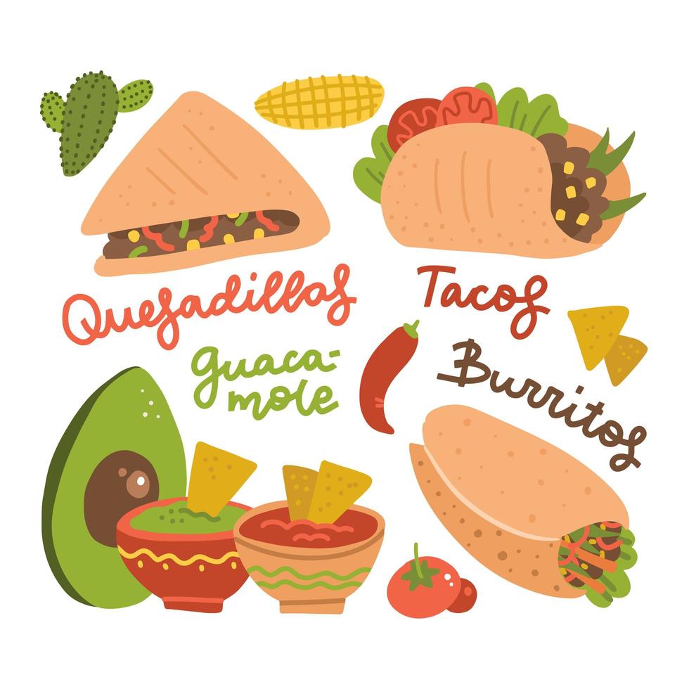 conjunto de comida tradicional mexicana: taco, burrito, guacamole y nachos, aguacate, cactus, pimiento rojo picante. ilustración de dibujos animados de vector plano con letras