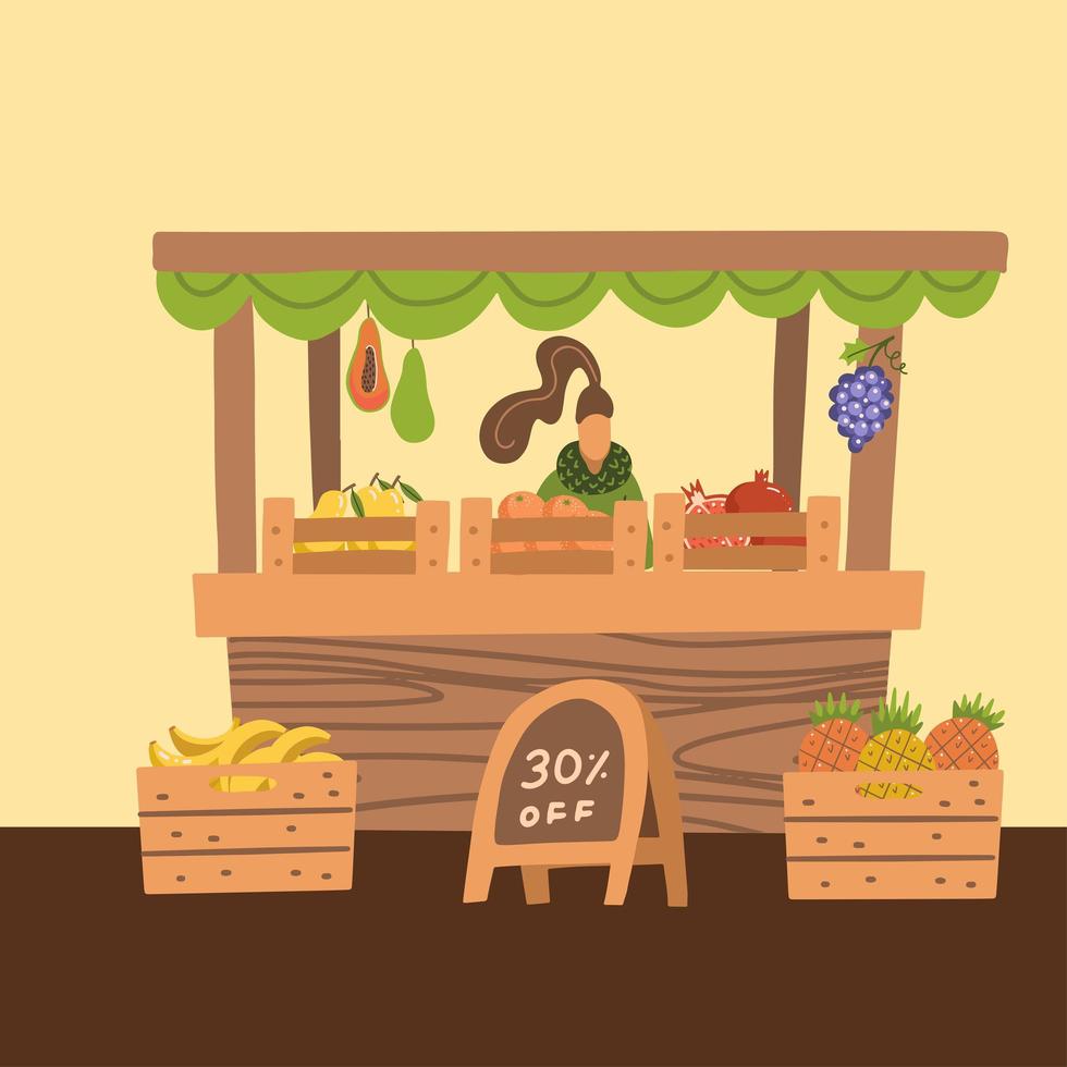 venta de frutas frescas en el mercado, mujer de pie en el puesto del mercado, venta al por menor de productos agrícolas frescos caseros y tropicales. ilustración vectorial de estilo plano de dibujos animados. vector