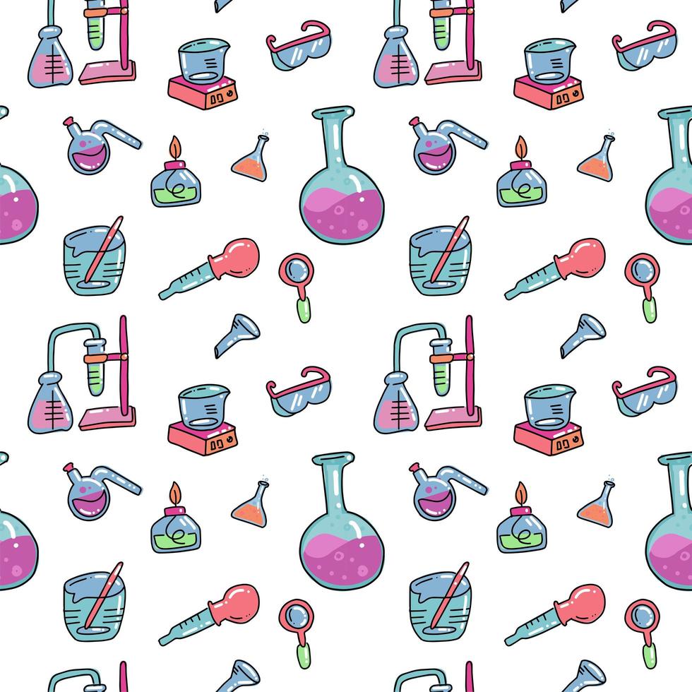 Seamless pattern of decorative color hand drawn chemical lab scientific experiment equipment isolated vector illustration. Set of flasks in doodle style in white background. Kid chemistry and science