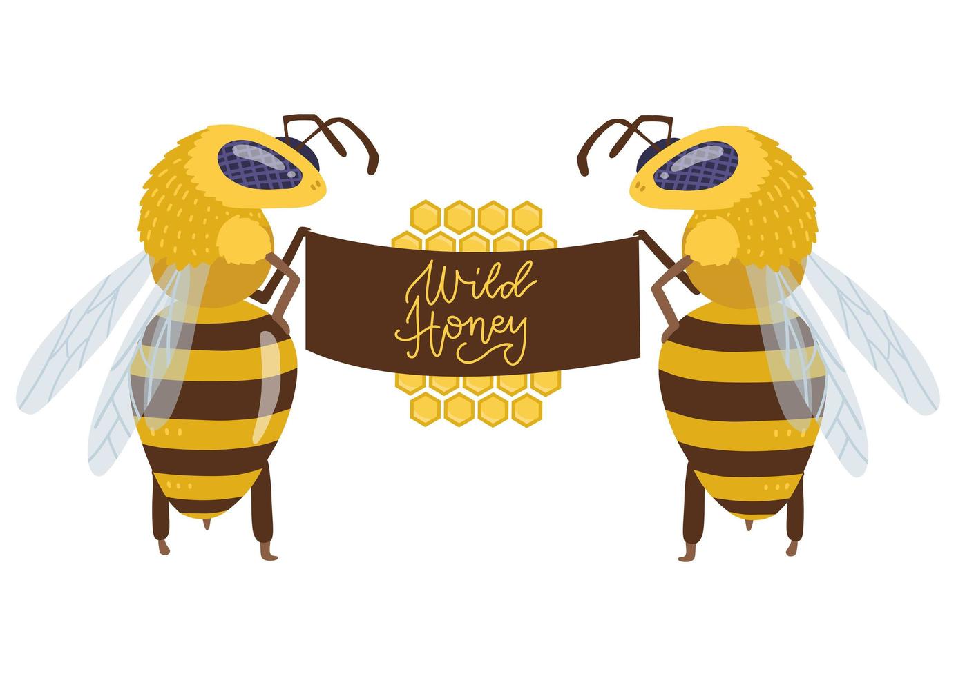 dos grandes personajes de abejas de pie sobre las patas traseras y sosteniendo un gran letrero de tela. ilustración dibujada a mano plana vectorial con letras miel silvestre. vector