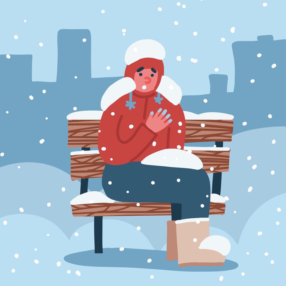 Man suffers from frostbite. A guy with frozen hands in winter sits on a bench covered in snow in winter. Vector flat hand drawn illustration.