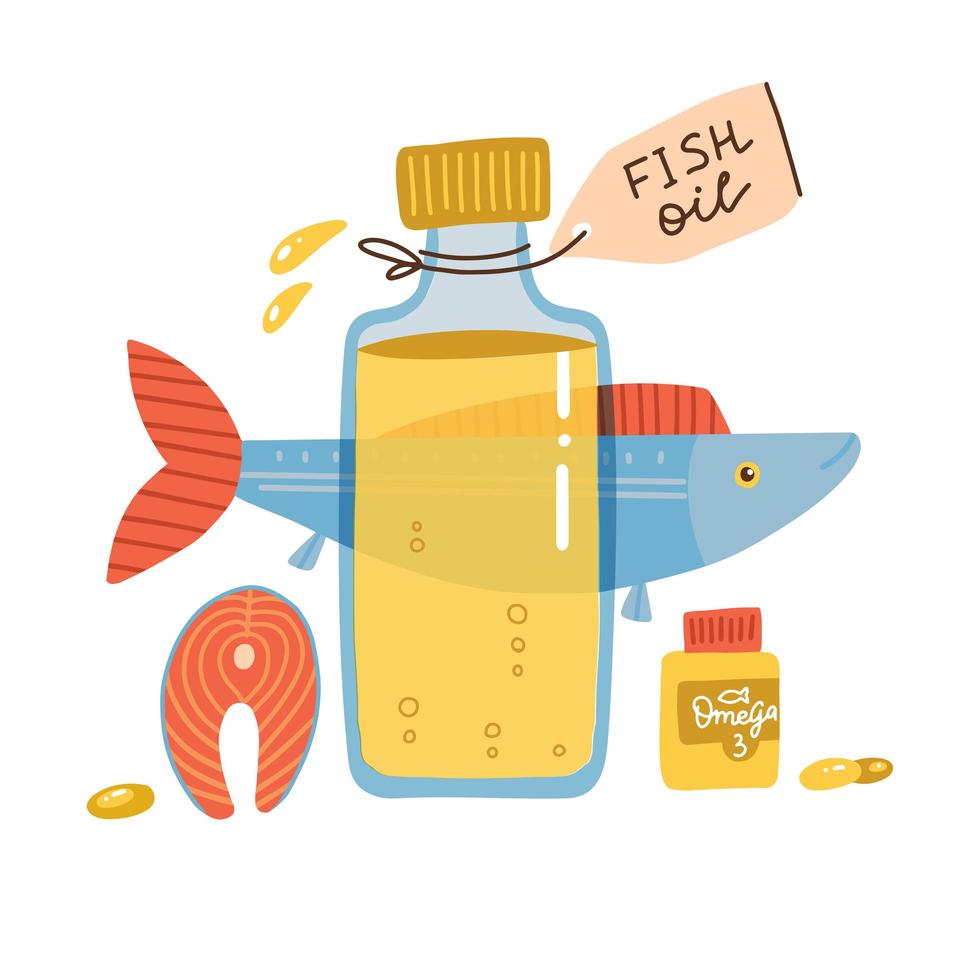 Fish oil items. Nutrition Omega 3 fatty acid salmon fish natural source. Trendyflat design illustration on healthy seafood, fish oil in bottle and softgel pills. Flat vector illustration