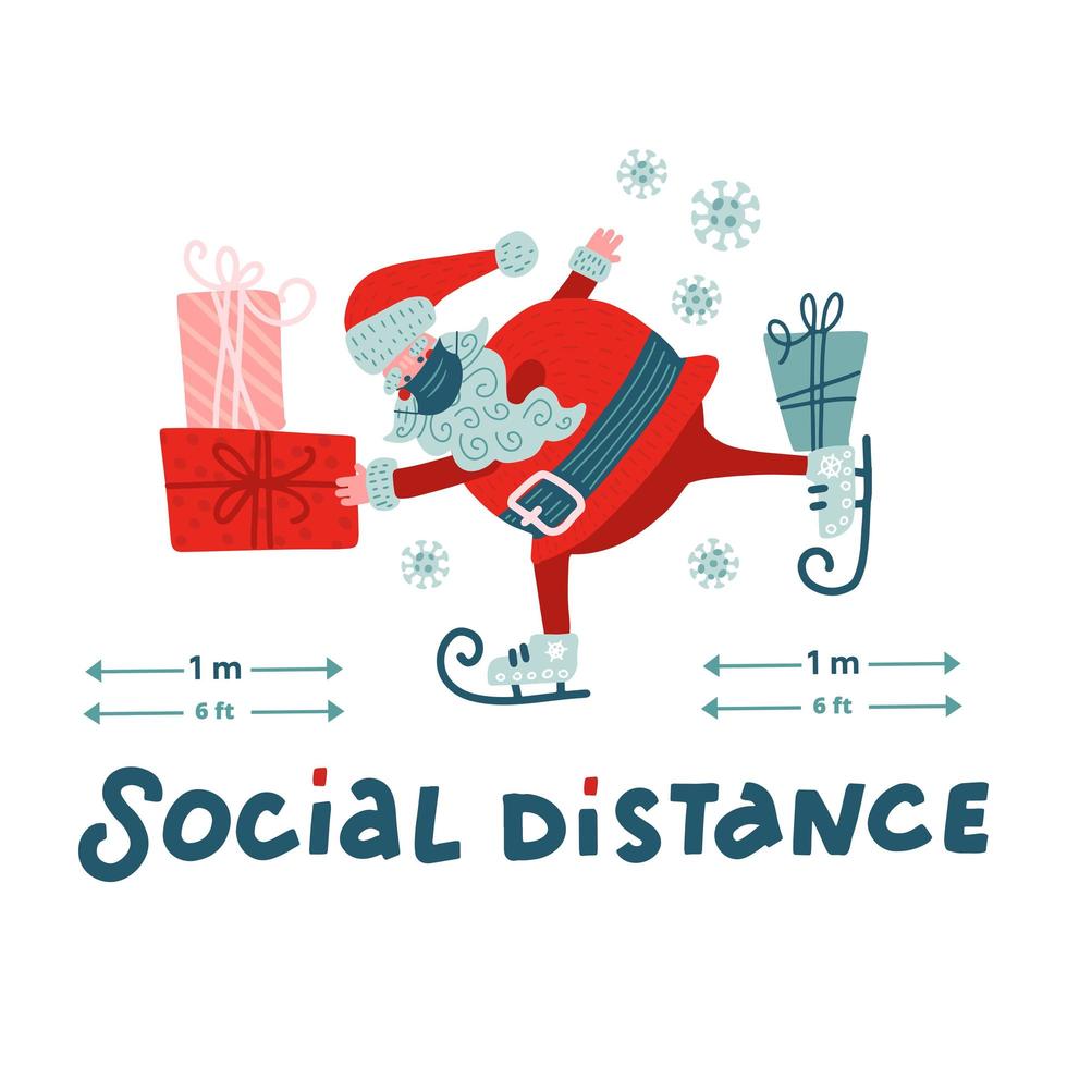 infografía de distanciamiento social de navidad, lindo santa claus mantiene 6 pies de distanciamiento social. santa en un cordel en patines. ilustración vectorial plana. vector