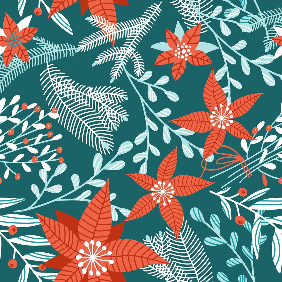 patrón sin costuras con plantas de invierno, flores y bayas. decoración navideña feliz. Fondo de ramas de bosque en estilo vintage. poinsettia rojo sobre fondo verde oscuro. vector