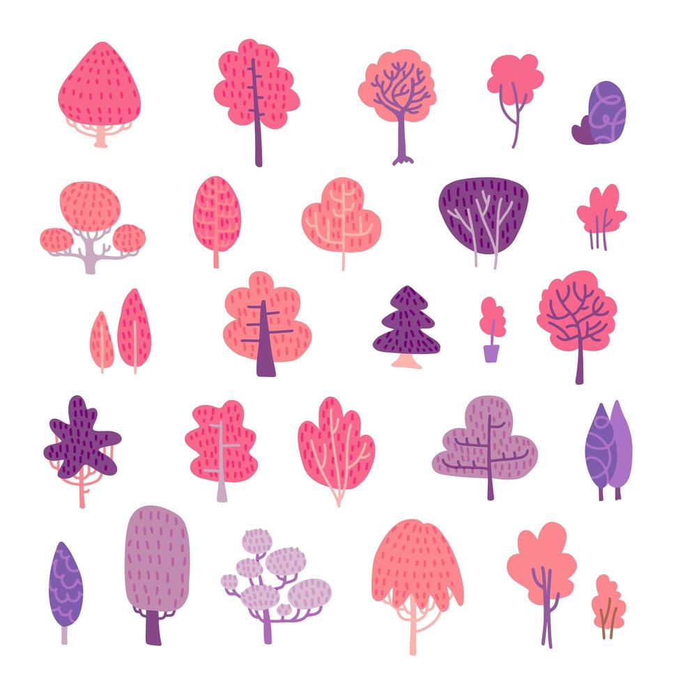 Spring trees elements set. Pink and violet flat illustration of cute floral blooming forest. vector