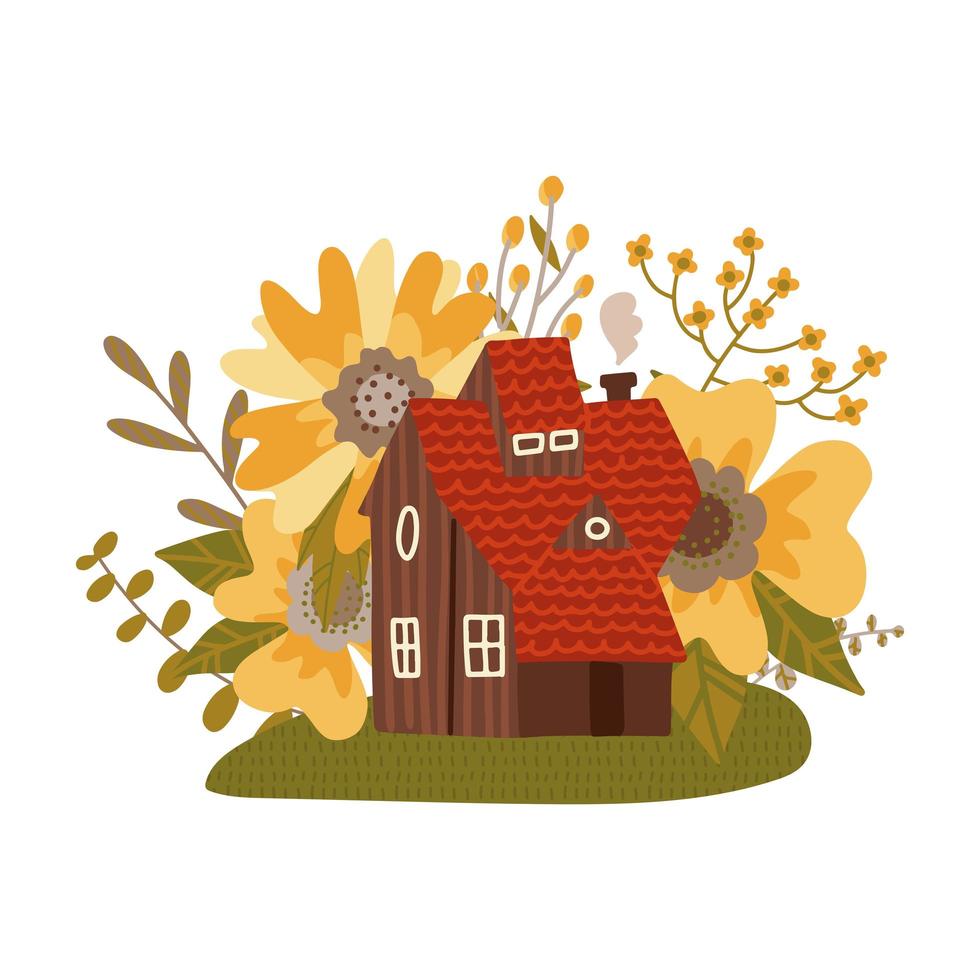 Fabulous red roof house with a small tower among the big summer flowers. Vector flat hand drawn illustration on white background.
