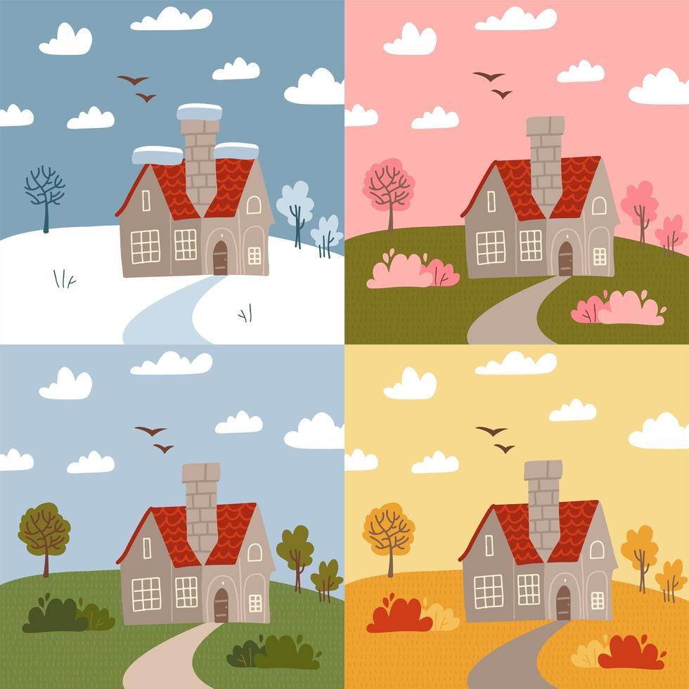 Stone house in different seasons - winter, spring, summer, autumn. Set of different parts of the year, weather types. Flat vector illustration.