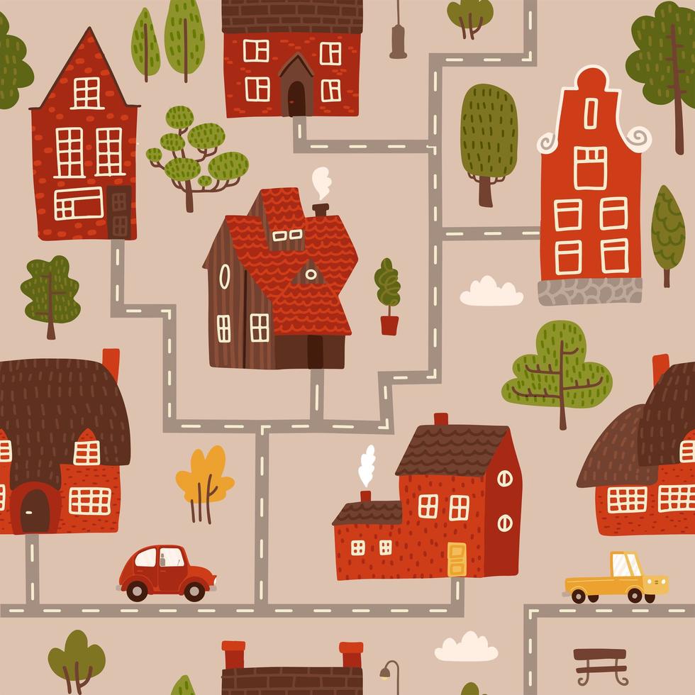 Cozy city map. Nursery seamless pattern with roads, red and brown houses, forest, cars. Limited pastel palette. Flat hand drawn vector illustration.