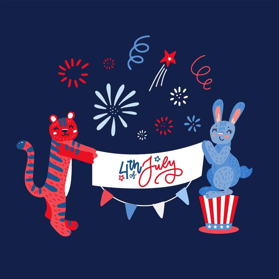 Hand drawn rabbit and tiger with greeting banner in paws. Card with fireworks and flags. Flat childish style vector illustration.