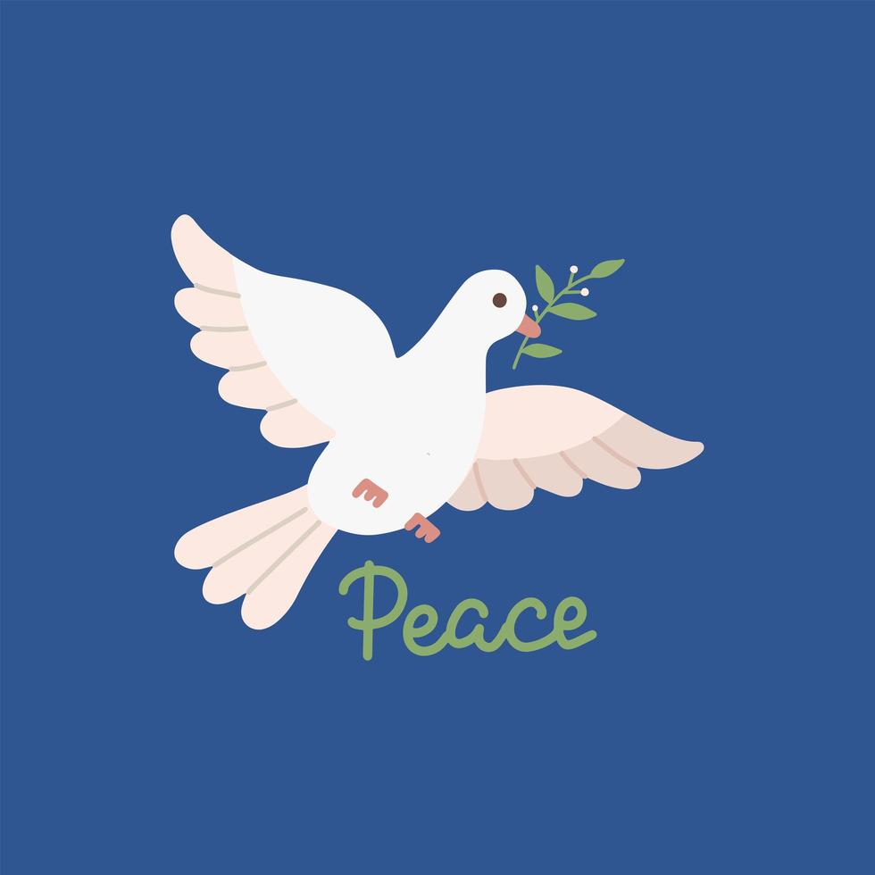 Peace day design with flying white dove with green olive twig in its beak. Vector flat illustration on dark blue background