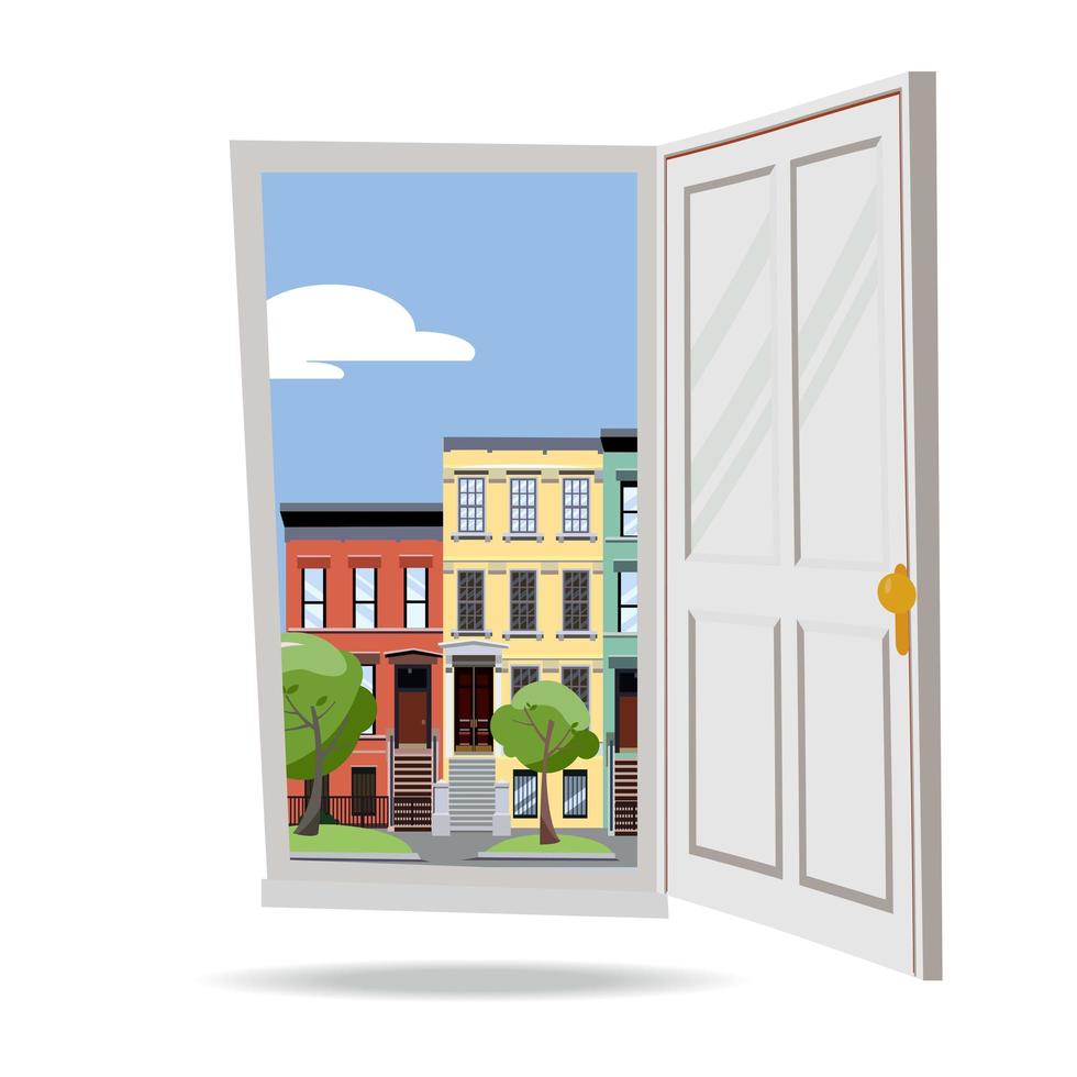 Open door into day summer city view with green leaves trees on white background. Flat cartoon style vector illustration. Three-four-story uneven colorful town houses outside. Street cityscape.