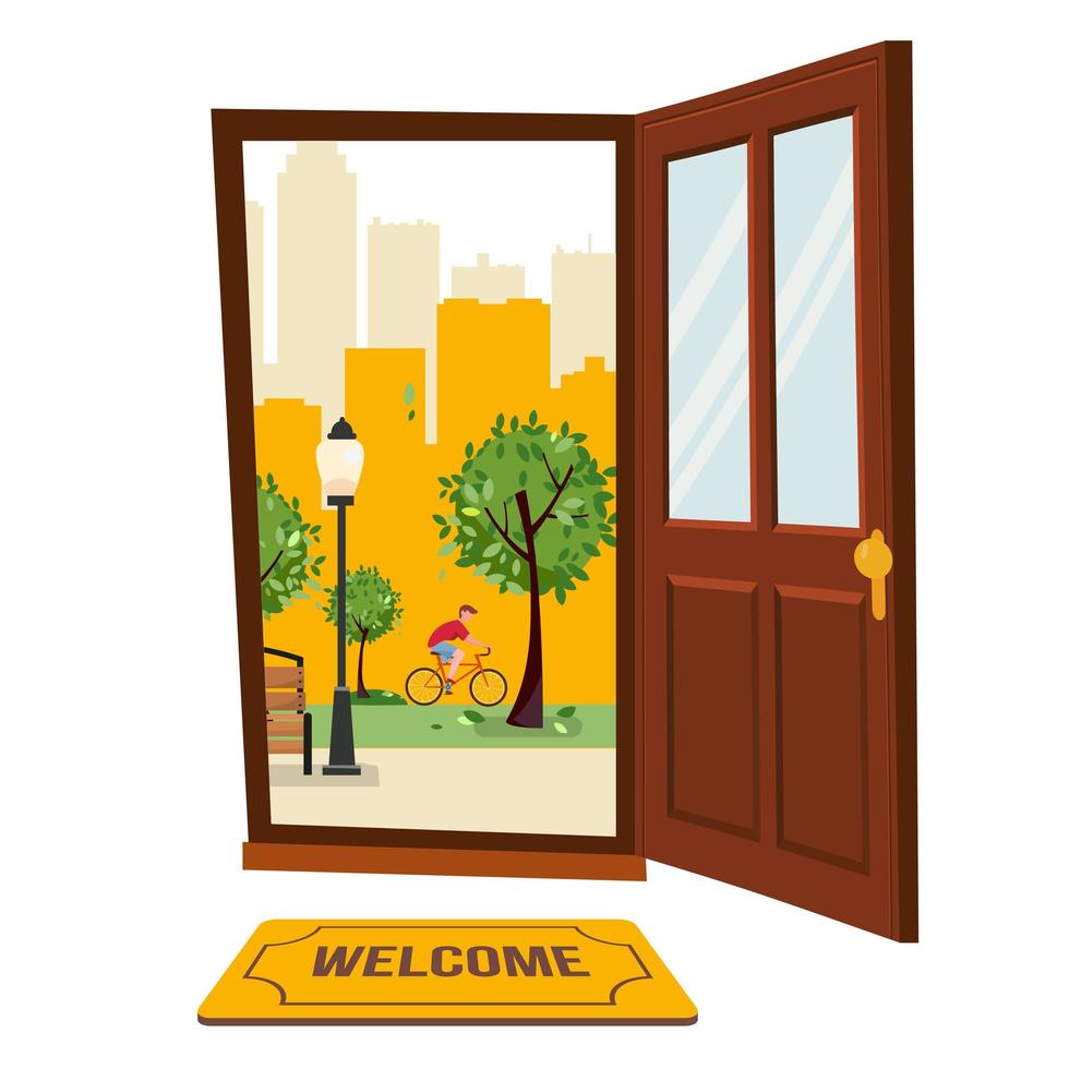 Wood brown door with view of park urban landscape. Outside freen trees, skyscrapers silhouettes. Hot summer cityscape with bench, lantern, cyclist. Flat cartoon vector on white background