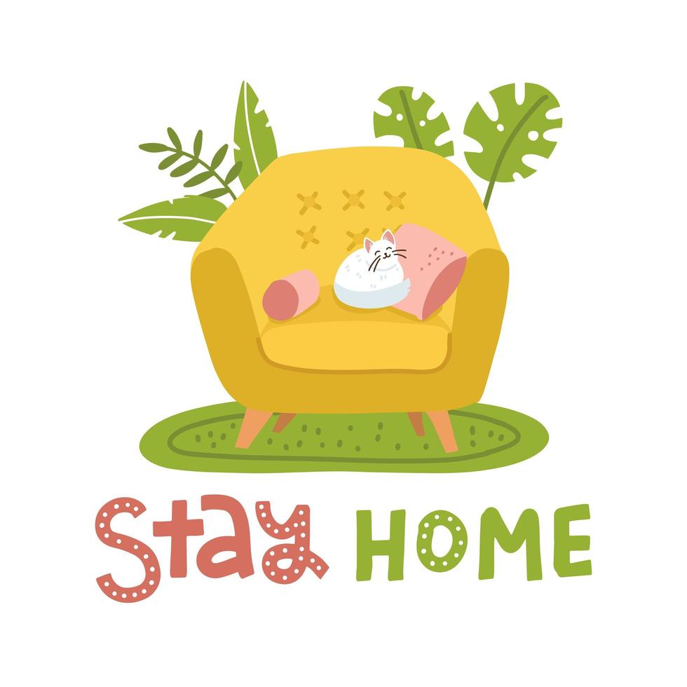 Cute fluffy cat sleeping on yellow armchair in scandinavian style. Living room with palm plants. Stay at home concept with hand lettering. Flat vector illustration.