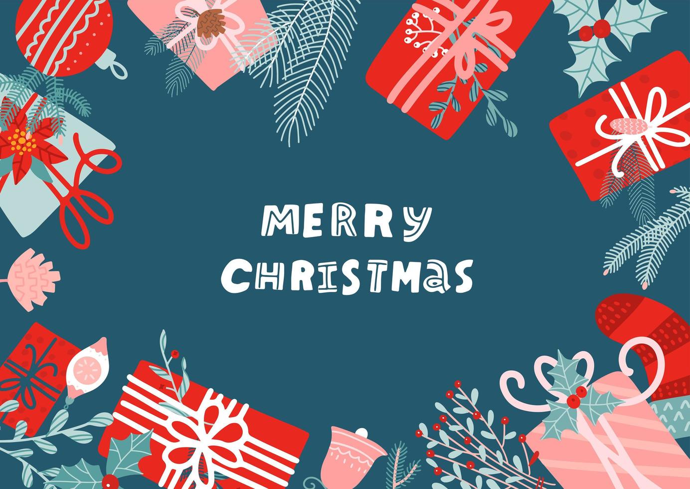 Hand drawn Merry Christmas Flat lay. New year vector flat illustration in modern style with festive scandinavian lettering.