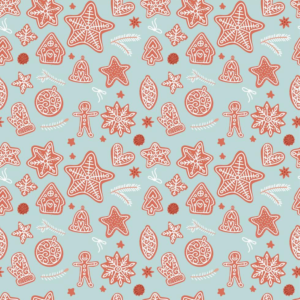 Seamless pattern. Gingerbread Xmas different cookies backdrop on the light blue background. Flat vector illustration.
