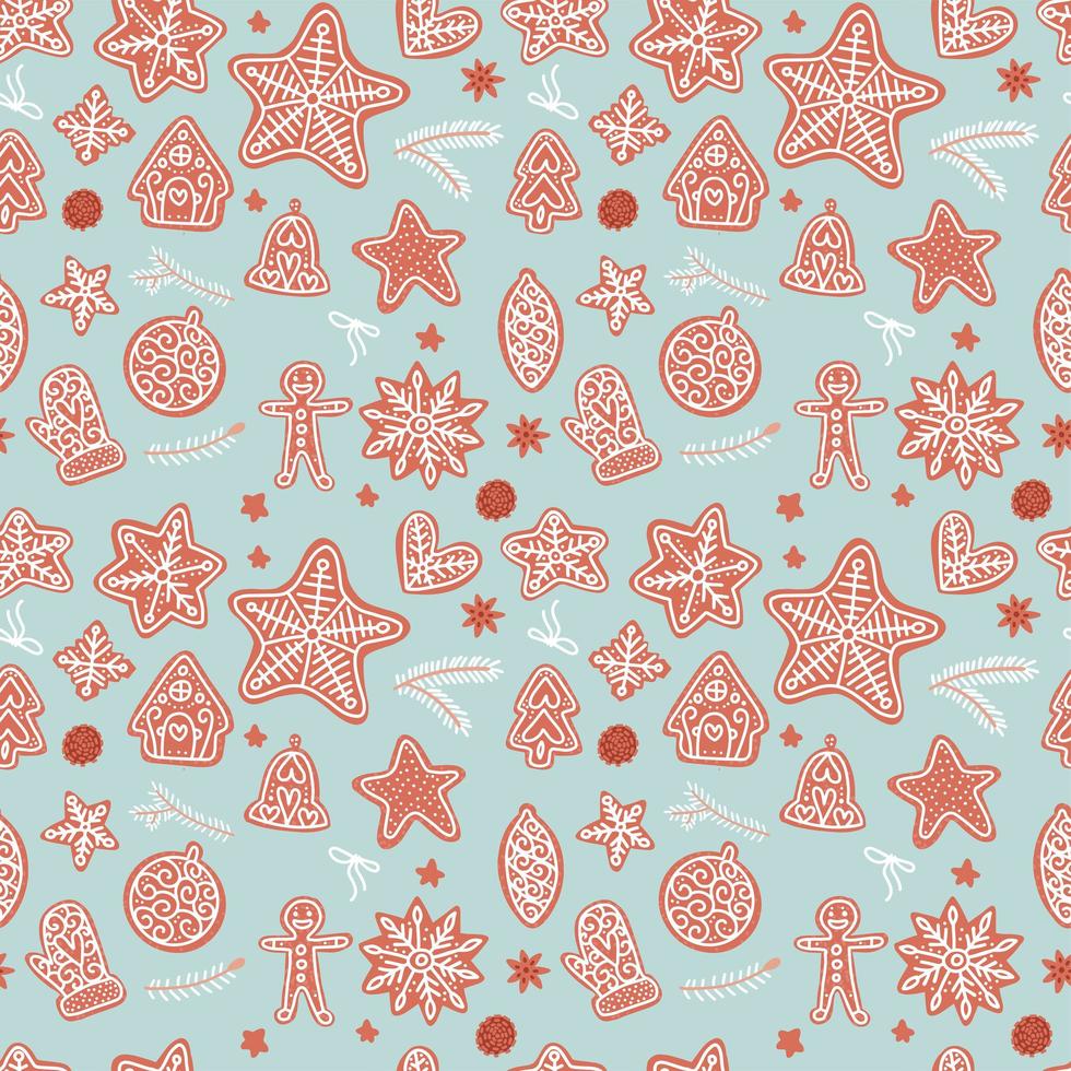 Seamless pattern. Gingerbread Xmas different cookies backdrop on the light blue background. Flat vector illustration.