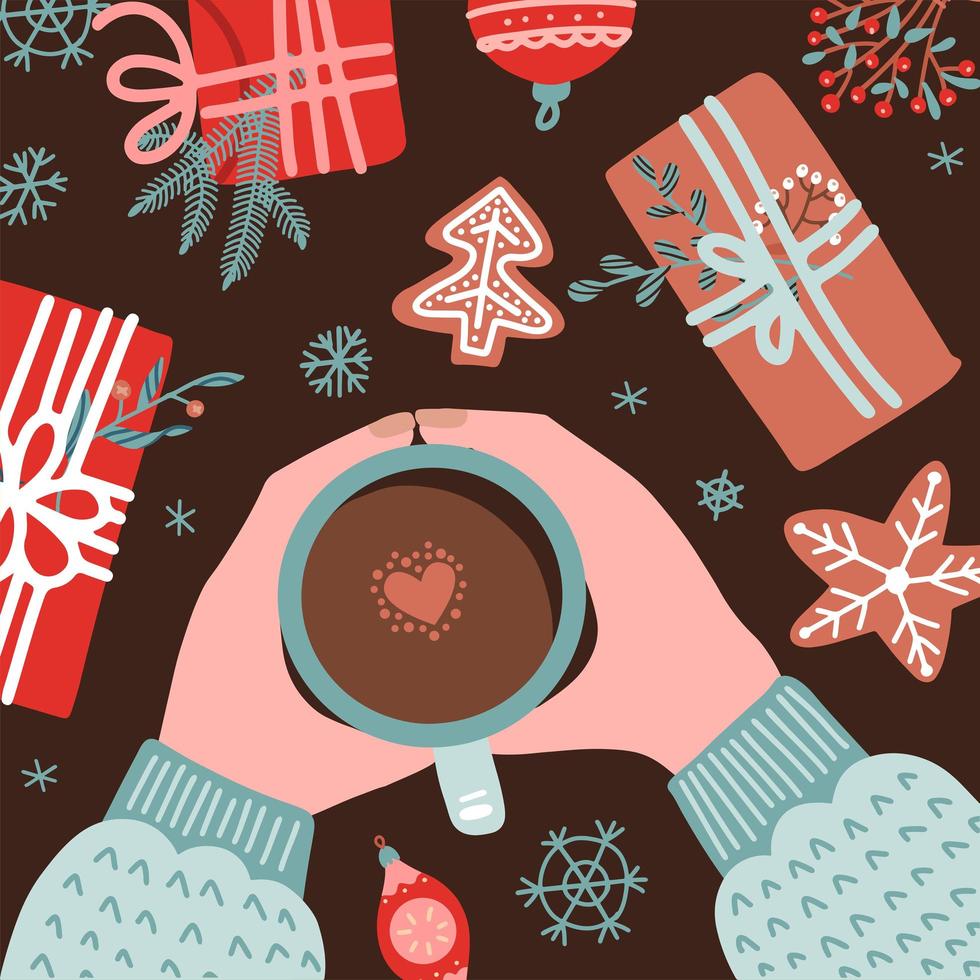 composición acogedora de navidad y año nuevo con manos humanas en suéter sosteniendo una taza de café rodeada de regalos, pan de jengibre, ramas de abeto. vector ilustración plana vista superior