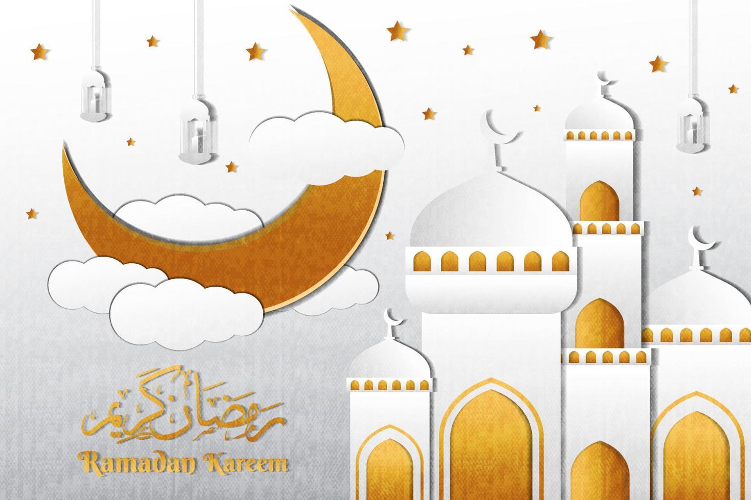 ilustración de ramadan kareem con mezquita de arte en papel y media luna vector