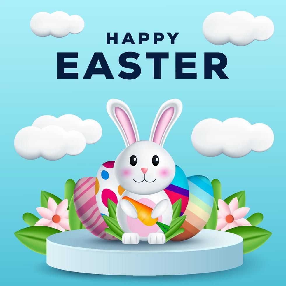 happy easter 3d illustration with a rabbit holding carrot over podium vector