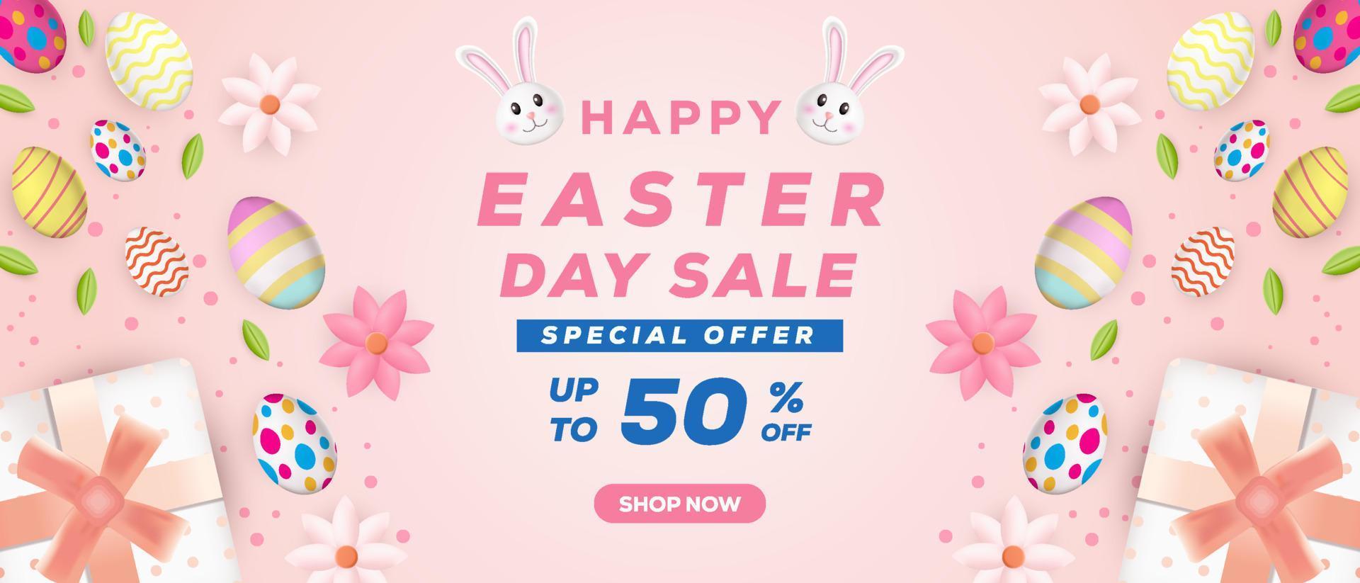 easter day sale 3d illustration banner horizontal with ornaments eggs, gift boxes, and rabbit vector