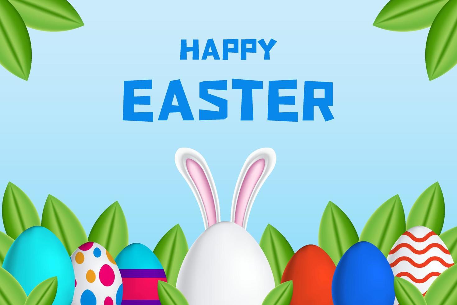 happy easter day banner poster design with 3d illustration eggs, leaves, and rabbit ears vector