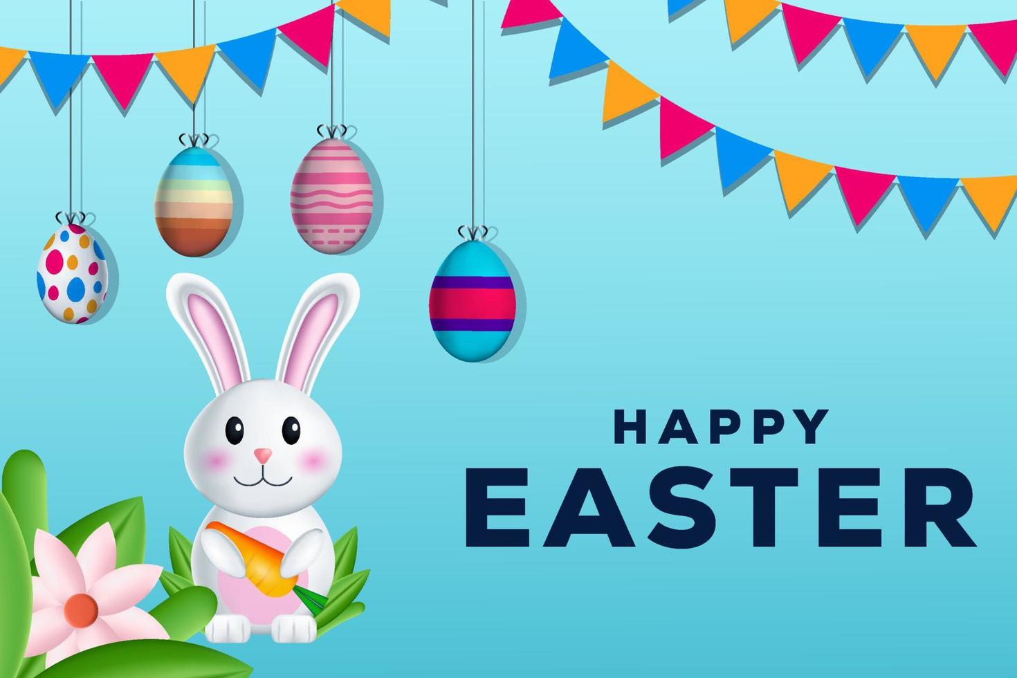 happy easter illustration with hanging eggs, rabbit, and leaves vector