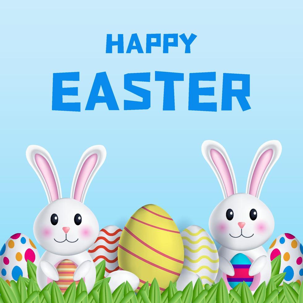 happy easter day 3d illustration with two rabbits holding eggs vector