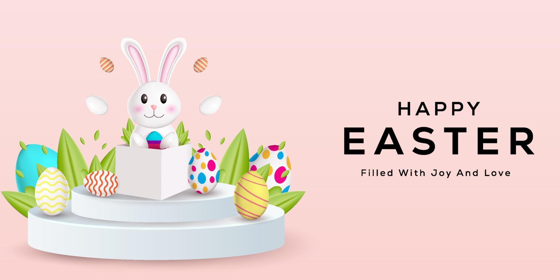 happy easter 3d illustration with a rabbit show up from the box above the podium vector