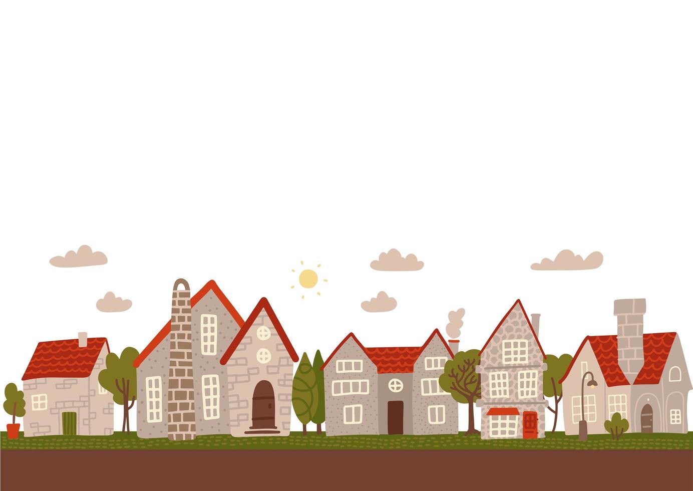 día acogedor calle de pueblo pequeño. ilustración de vector plano de  edificios de ciudad gris de dibujos animados. espacio vacío para texto.  6139715 Vector en Vecteezy