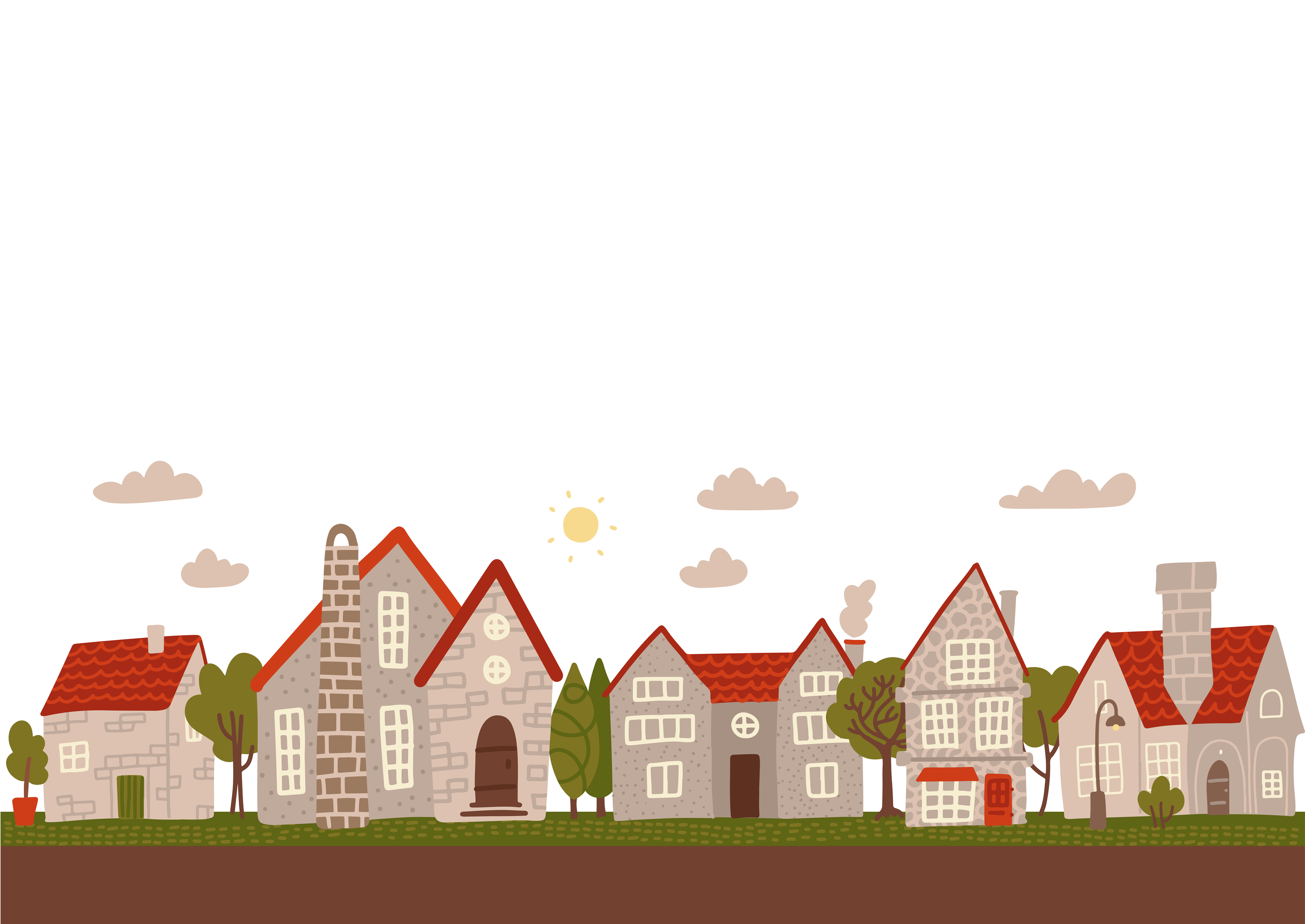 Cozy day small town street. Cartoon grey city buildings flat vector  illustration. Empty space for text. 6139715 Vector Art at Vecteezy