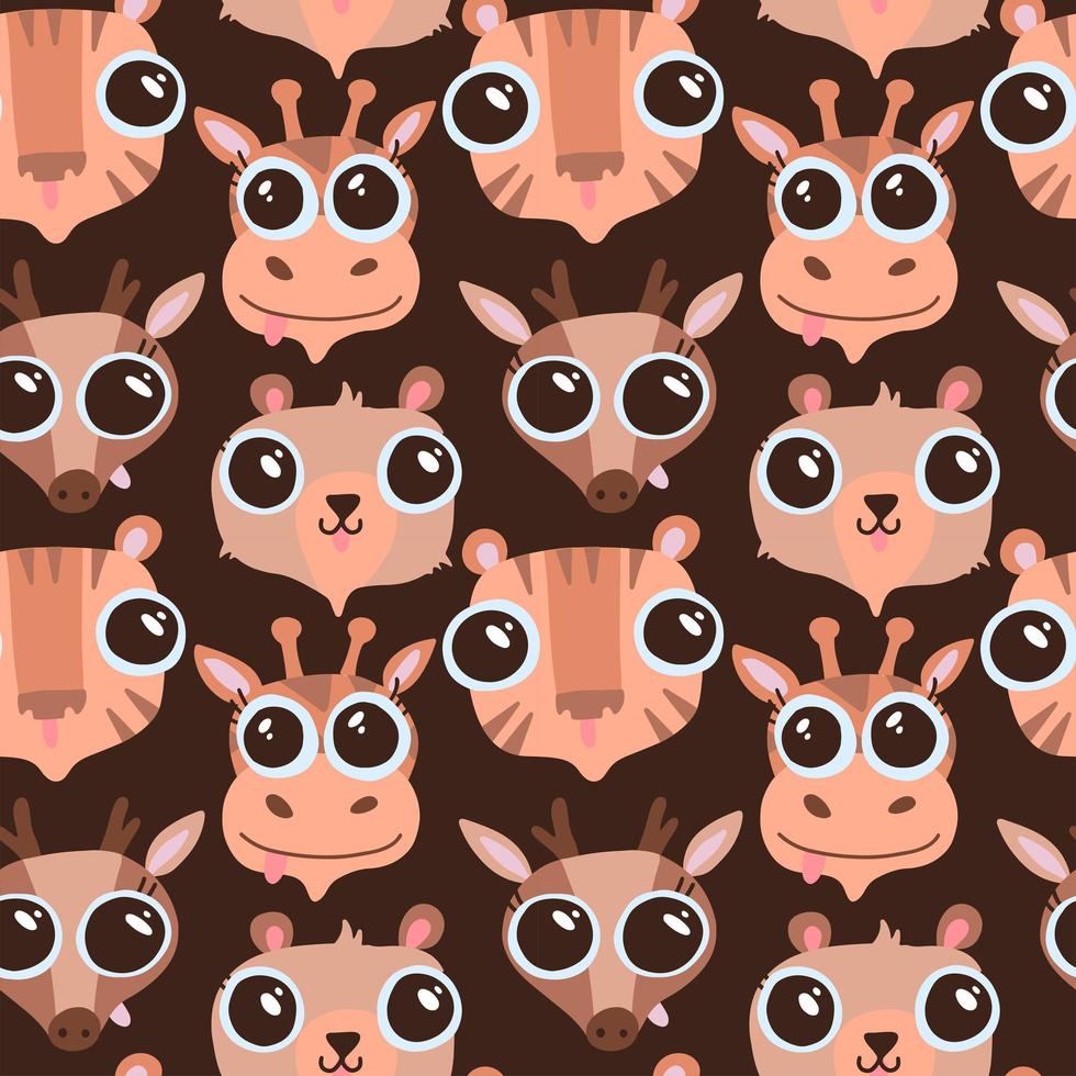 Funny hand drawn animals seamless pattern. Cute cartoon animal Faces - tiger, bear, deer, giraffe. Wildlife characters. Flat vector texture for kids textile, nursery design. hears with big eyes.