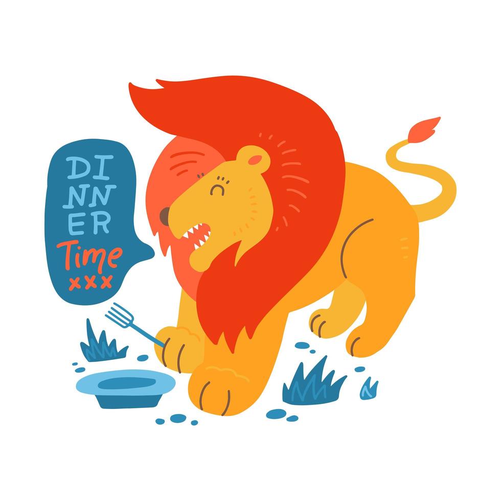 Lion print with lettering. Poster design with wild animal and english text in bubble. Lion who shouts Dinner time, card. Backdrop, good for printing. Flat hand drawn illustration. vector