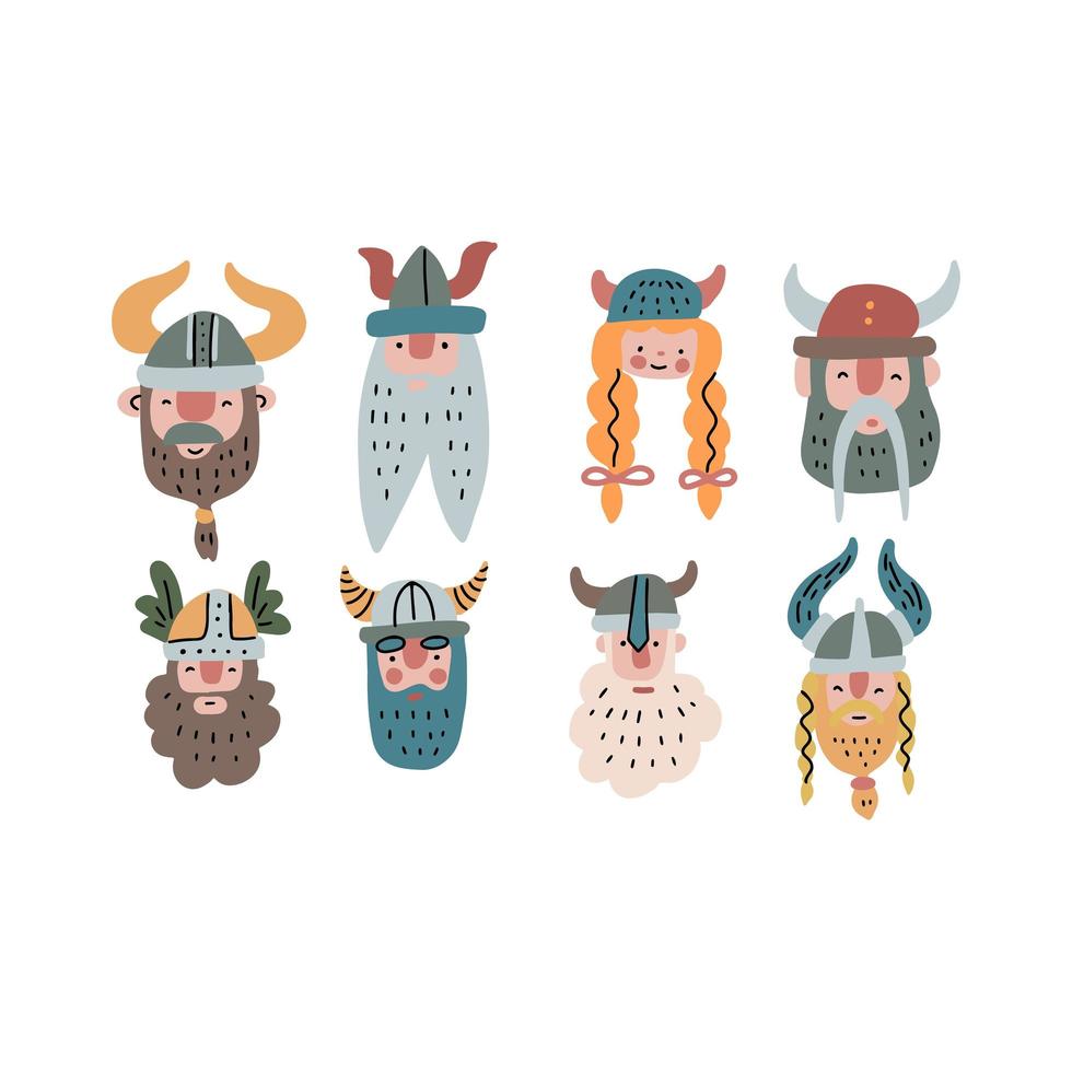 Set of viking funny faces. Collection of cartoon hand drawn heads. Vector illustration isolated on white background. Stickers, print, poster, icon, avatar. Male and female characters