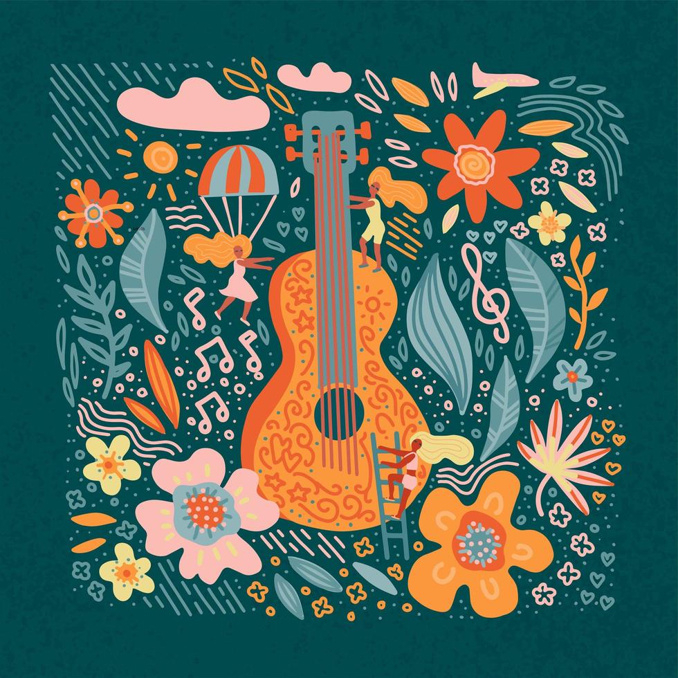 ilustración vectorial del festival de música, guitarra con arte de flores y chicas lindas. estilo hippie chic, bohemio. Estampado de pancarta, afiche, postal o camiseta dibujado a mano. vector