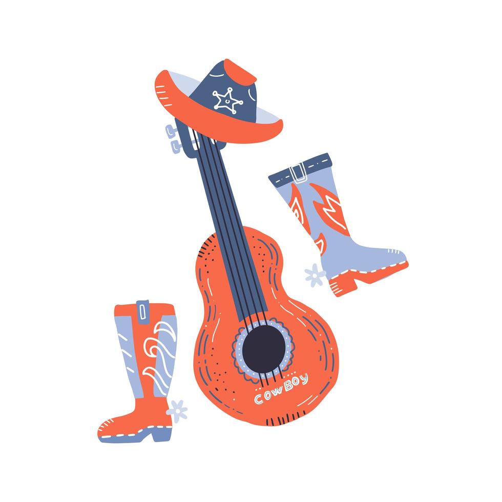 Western country music with cowboy shoes and music guitar. Vector isolated illustration in hand drawn style on white background