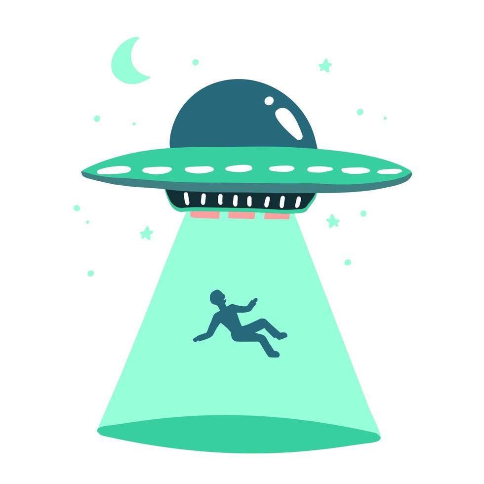 ovni secuestra humanos. nave espacial ufo rayo de luz vector ilustración en estilo plano aislado sobre fondo blanco. concepto de impresión dibujado a mano.