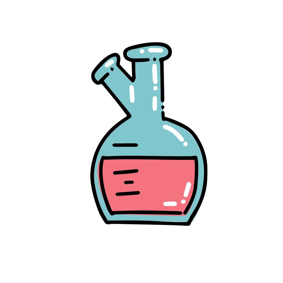 Double neck boiling volumetric glass flask color icon outline vector sign, linear style pictogram isolated on white. Chemical equipment in outlined childish doodle style. Kid chemistry and science.