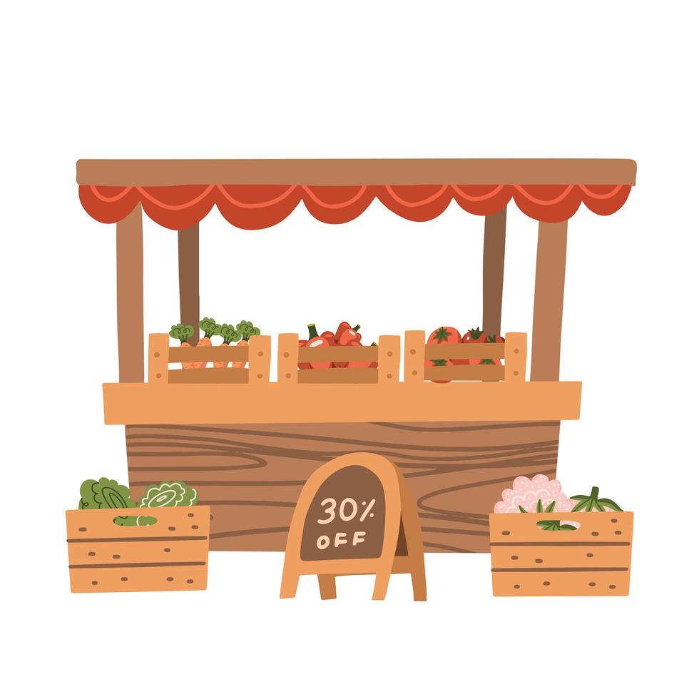 Local vegetable stall. Fresh organic food products shop on wooden shelves. Local market farmer selling vegetables on his stall with awning. Promote healthy eating concept. Flat vector illustration