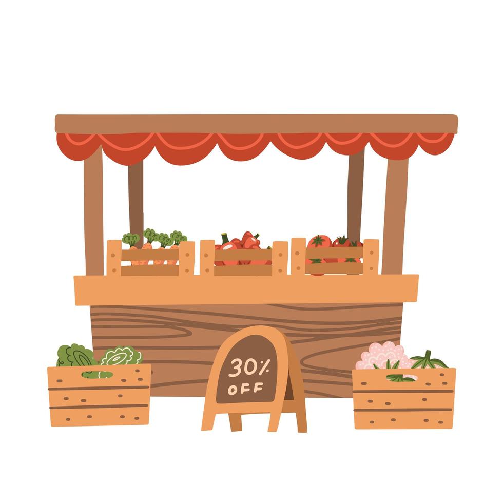 puesto de verduras locales. tienda de productos alimenticios orgánicos frescos en estantes de madera. granjero del mercado local que vende verduras en su puesto con toldo. promover el concepto de alimentación saludable. ilustración vectorial plana vector