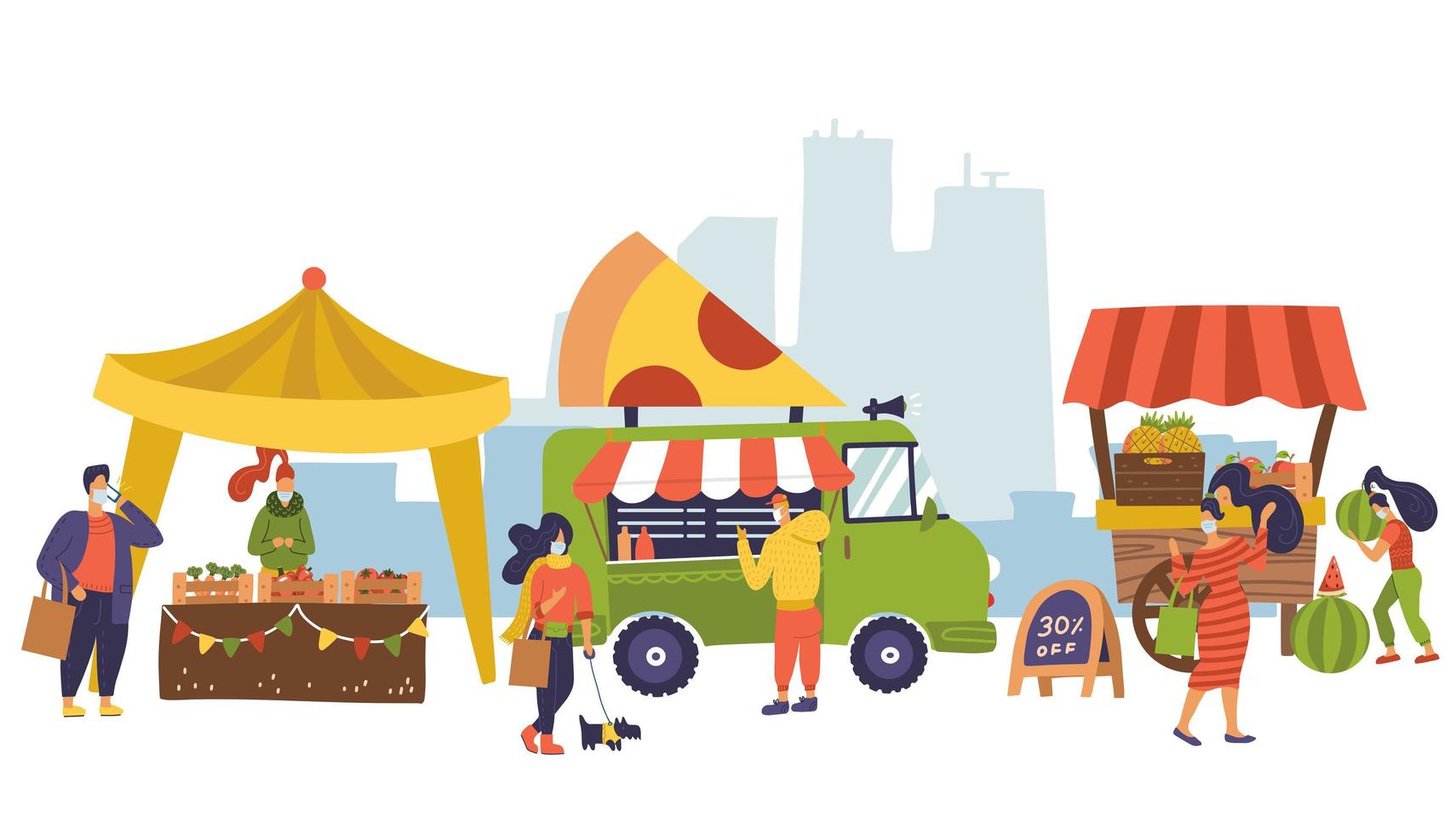 banner sobre el tema del mercado agrícola, alimentos orgánicos. festival de comida callejera. diferentes vendedores, tienda local. los agricultores venden verduras frescas, frutas. la gente compra comida después del bloqueo del coronavirus. diseño vectorial plano vector